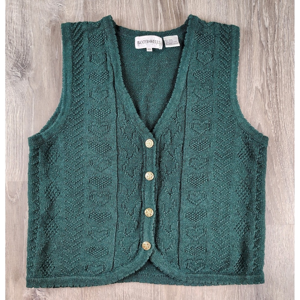 Baxter & Wells Cable Knit Vest Green Hearts Petites Small Gold Button Sleeveless